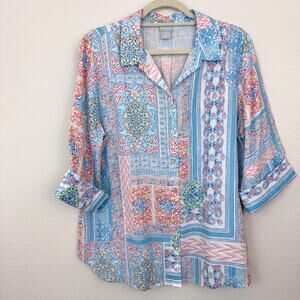 Chico's Womens Button Shirt Top Size 12 100% Linen Summer Floral No Iron Blue